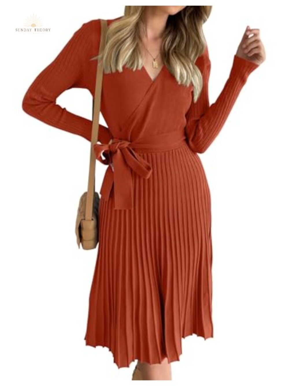 Long Sleeve Wrap Midi Sweater Dress V-Neck Ribbed Knit Belted